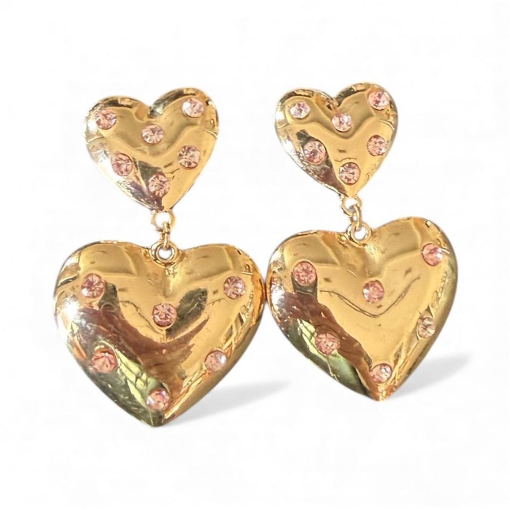 Gold tone drop heart earrings‎